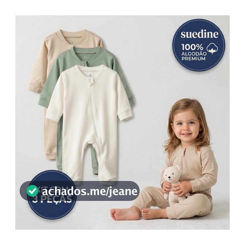 Kit 3 Macacão Bebê Suedine 100% Algodão Egipcio Com Ziper Longo Recém Nascido a 2 anos