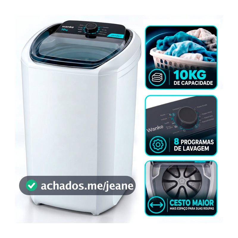 Máquina de Lavar Wanke Comfort 10kg Semiautomática 8 Programas Motor WEG Filtro Fiapos Timer 10 Min