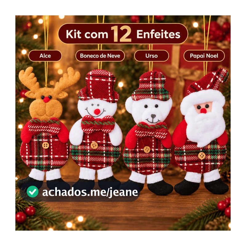 Kit 12 Bonecos Natalinos de Pelúcia 13cm para Pendurar Árvore de Natal Decoração Natalina
