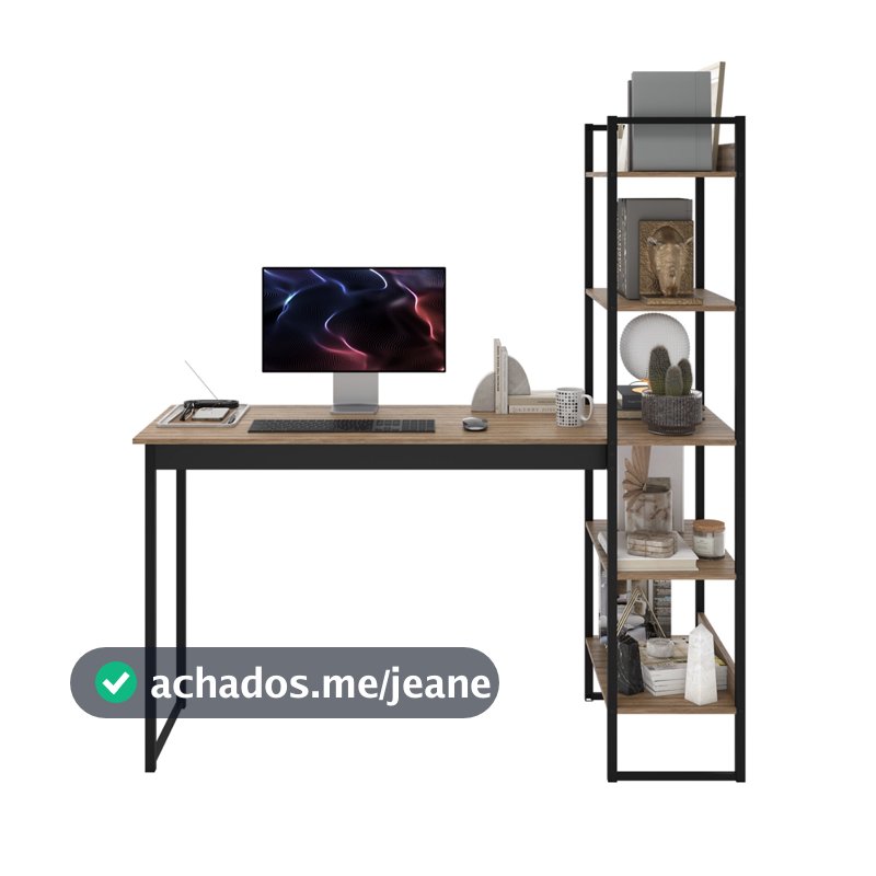 Escrivaninha Mesa Escritório Home Office Lâmina com Preto com 5 Prateleiras Estante Integrada Industrial Mod: Atenas Sho
