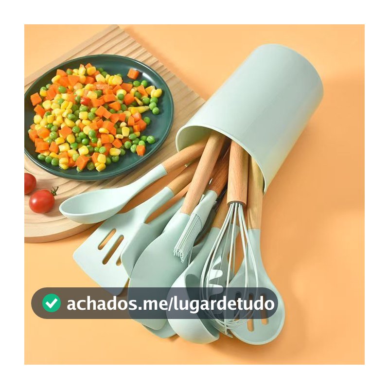 KIT de Utensílios Para Cozinha em Silicone e Bambu 12 Peças