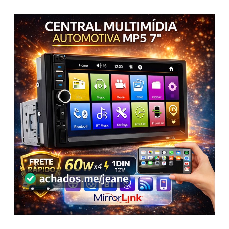 Central Multimídia 7" Bluetooth MP5 CarPlay Android Auto Mirrorlink USB Rádio FM Espelhamento Tela