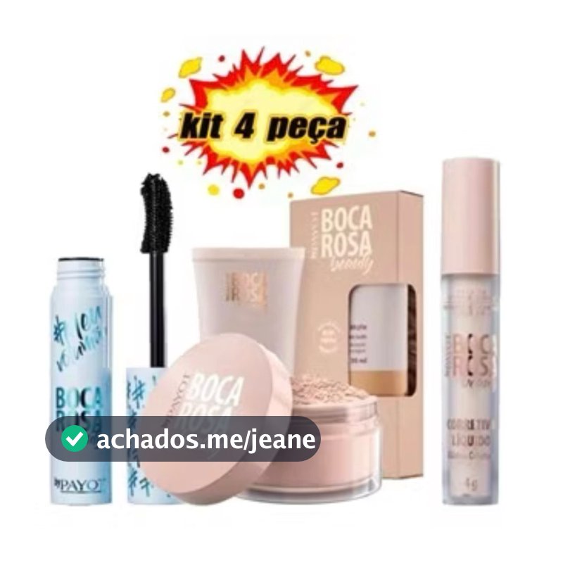 Completo 4 Pecas Base + Mascara Para Cilios e Corretivo e Pó Solto Mármore boca rosa kit