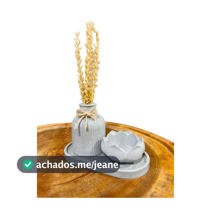 Kit Decor Cimento 3 Peças: Vaso Canelado + Bandeja Oval + Porta Vela Flor de Lótus Decor Rústico