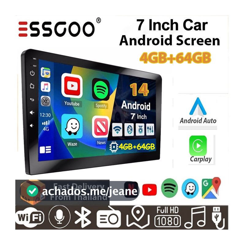 ESSGOO Bluetooth Car MP5 Player 7 Polegada 2 Din 4 + 64GB Android Tela Reversa Touch Carplay Sem Fio E Multimídia