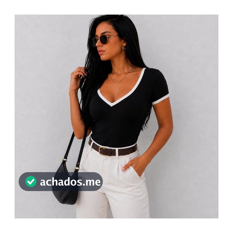Blusa Feminina Manga Curta Canelada Com Decote Em Coração Elegante Decote Em V Bicolor Blusinha