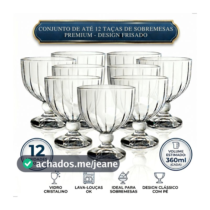 Taça de Sobremesa Vidro 360ml Diamond Premium - Kit 4/8/12 Peças Sorvete Doces Mesa Posta Resistente