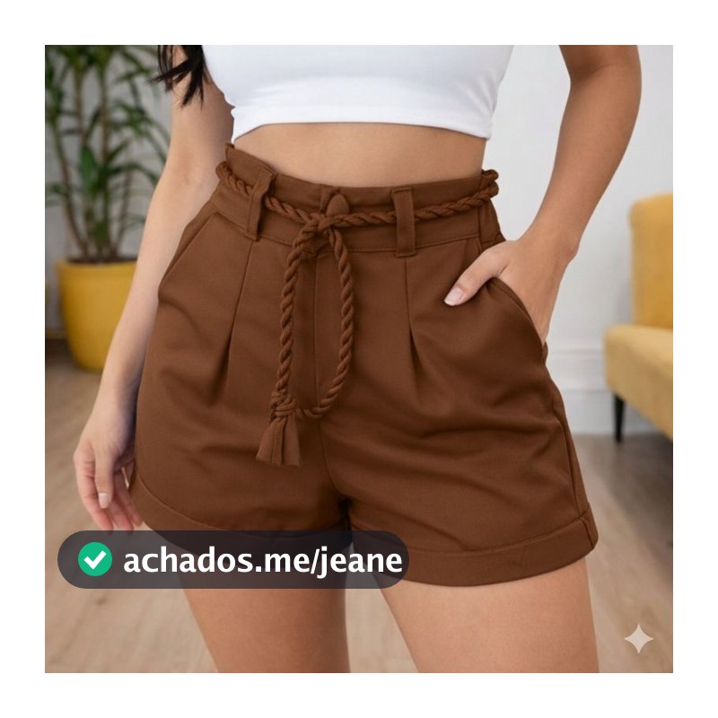 Short Alfaiataria Feminino Com Cinto Bolso e Zíper Cintura Alta