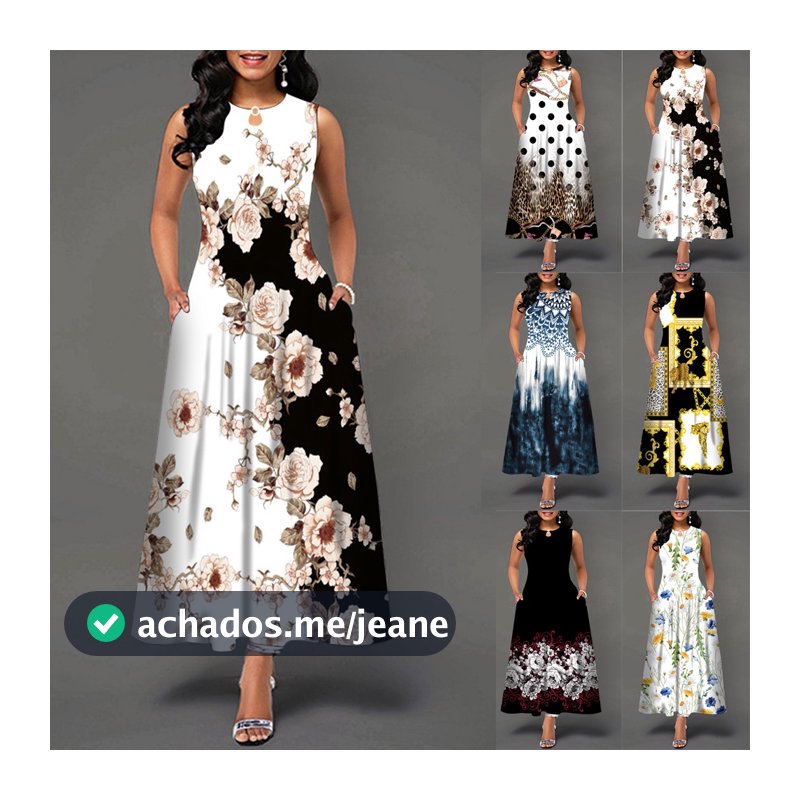 Plus Size Vestido Longo Feminino Sem Mangas Floral Retro Grande Boêmio Bolsos Para Clube/Festa/Social/Casual  P-5XG