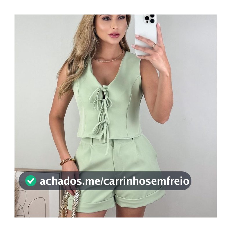 Conjunto Feminino Colete e Short  Alfaiataria Tendência Elegante Blusa com Laço na frente