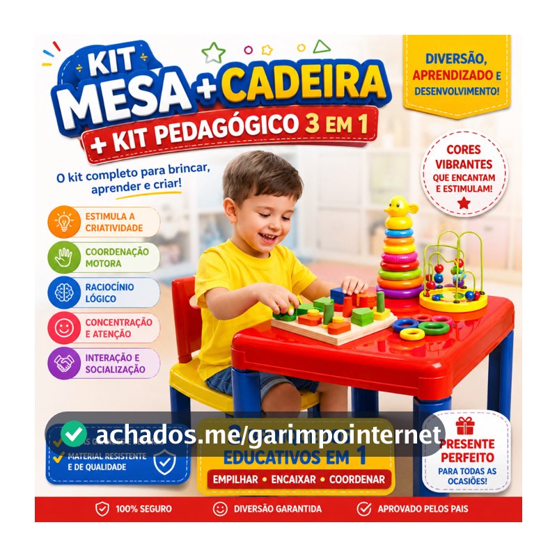 Kit Mesa Infantil + Cadeira+Kit Pedagógico 3 em 1 Brinquedo Educativo Coordenação Motora Espaço KIDS