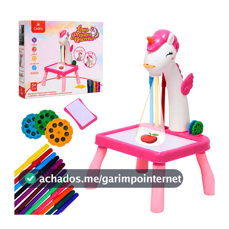 Mesa Projetora Infantil Desenho Unicórnio Rosa Brinquedo Educativo Led Com Canetas E Discos Castela