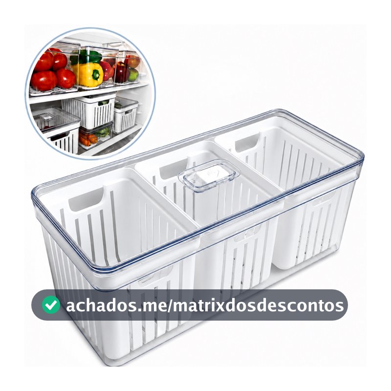 Organizador de Geladeira Grande Transparente 6,8L com 3 Cestos de Drenagem e Tampa