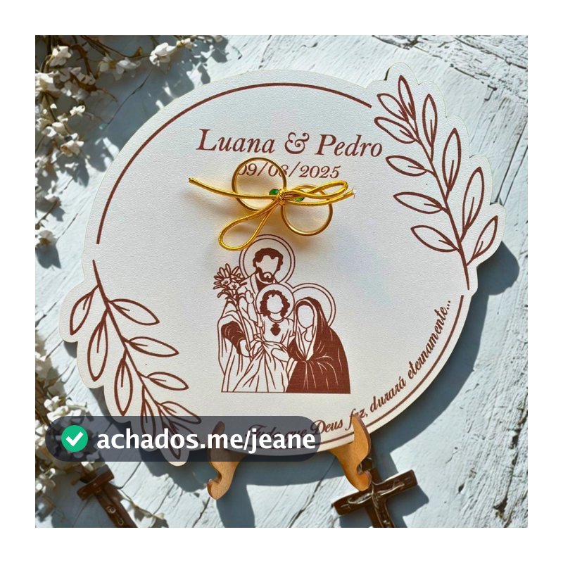 PORTA ALIANÇA PARA CASAMENTO SAGRADA FAMILIA PERSONALIZADA COM SUPORTE