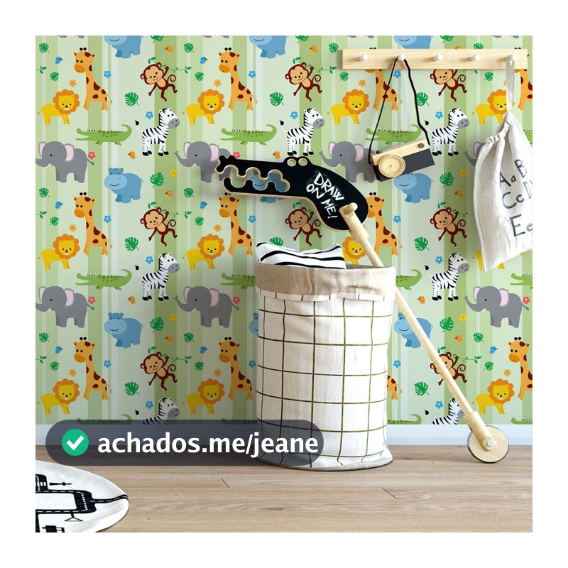 Papel de Parede Adesivo Decorativo Baby Safari com Animais com Listrado Verde