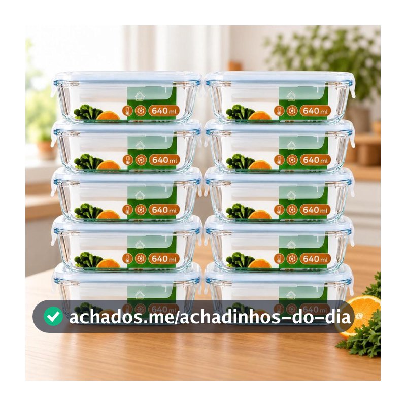 Kit 10 Potes de Vidro Herméticos 640ml Marmita 4 Travas para Freezer Air fryer Forno e Micro-ondas Super Vedação Fitness