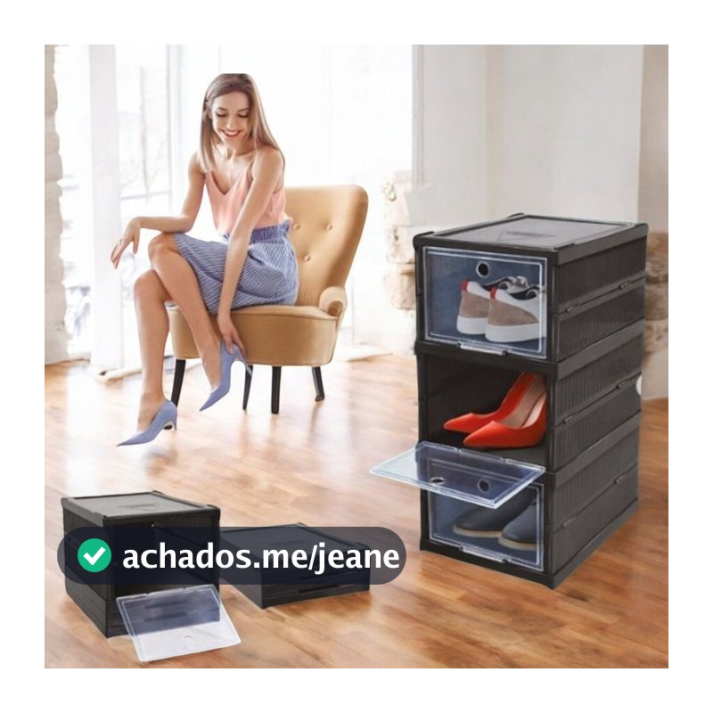 Organizador Triplo Dobrável Grande Preto  Empilhável Plástico Com Porta