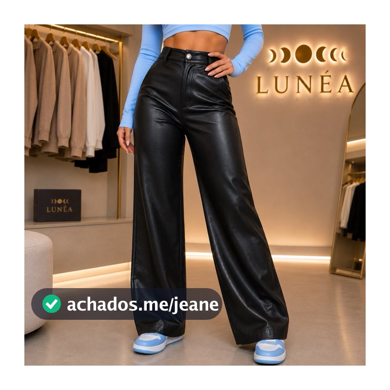 Calça Couro Feminina Pantalona Com Botão E Bolso Traseiro Wide Leg Couro Courino Cintura Alta Premium Modela Corpo