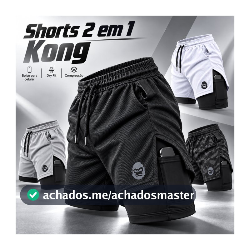 Shorts Masculino 2 em 1 Dry Fit Academia Corrida Bermuda de Compressão com Bolso Celular Kong