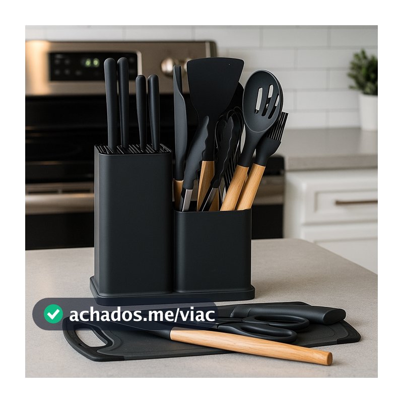 Kit Cozinha 19 Peças Silicone Antiaderente Facas Inox Madeira com Suporte