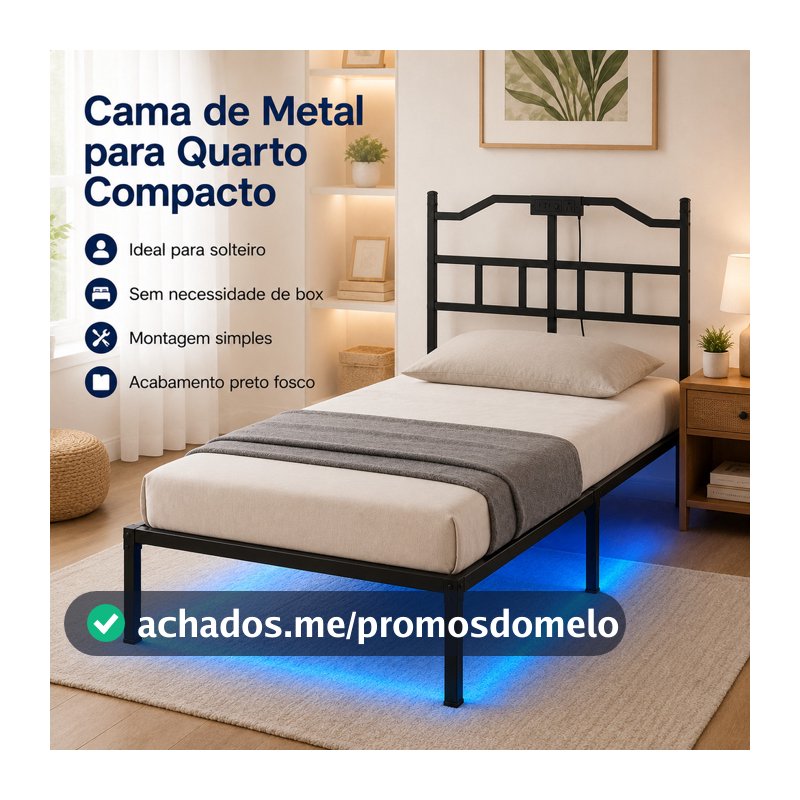 Estrado de Metal para Cama Solteiro e Casal com Cabeceira Tomada e Fita LED Fácil de Montar para Apartamento
