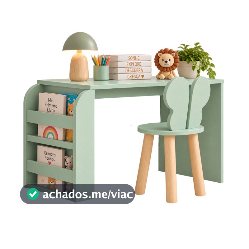 Mesa Infantil 80cm Com Suporte Para Livros e 1 Cadeira Borboleta em MDF e Madeira Natural