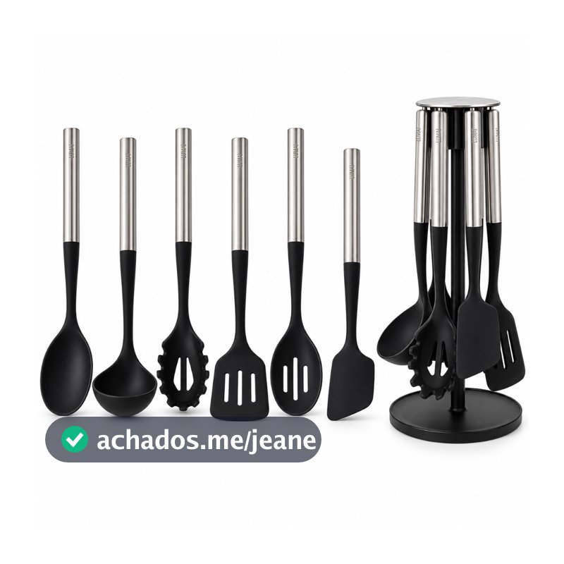 LUMAI Kit 6 Utensílios de Cozinha Silicone Alimentício Aço Inox Copenhague com Suporte Magnético Giratório