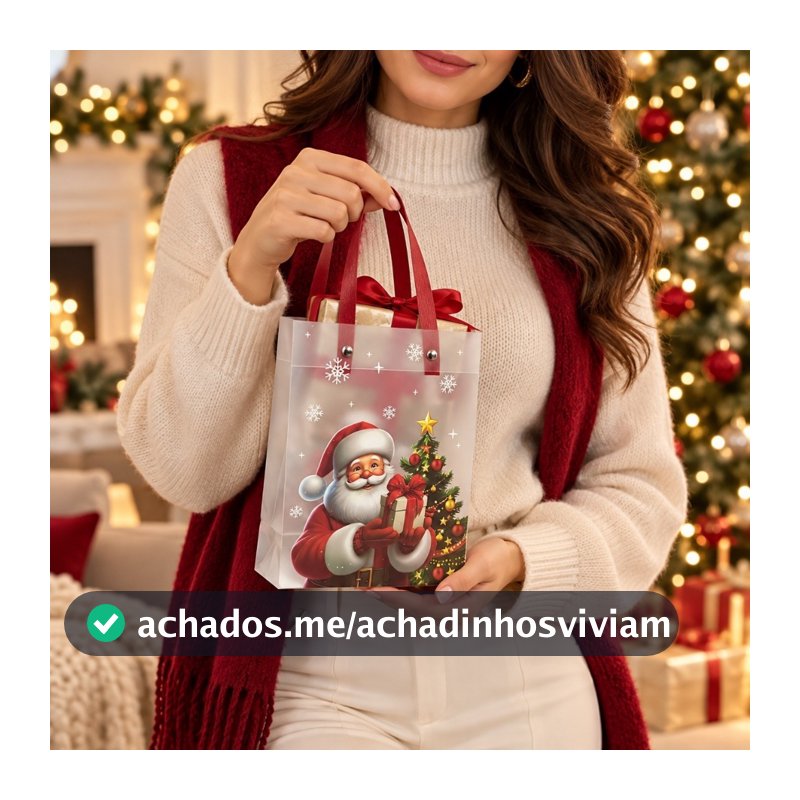 Kit Sacola Para Presente Transparente Alça Vermelha De Natal Papai Noel