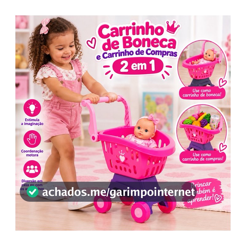Carrinho Para Boneca Passeio Bebê Reborn Carrinho De Compras 2 em 1 Rosa
