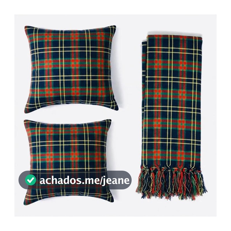 Kit Manta e Capa de Almofada para Sofá e Poltronas em Tecido Jacquard Fio Tinto Natalino Xadrez