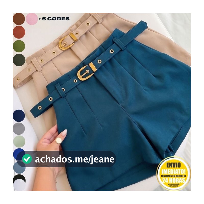 Short Feminino Alfaiataria Social com Cinto e Bolso Fivela Dourada Cintura Alta