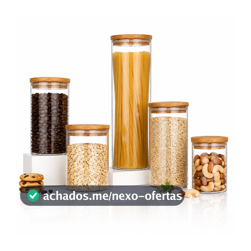 Kit Potes Mantimentos Vidro Herméticos Com Tampa Bambu Alta Resistência Epsilon Transparente