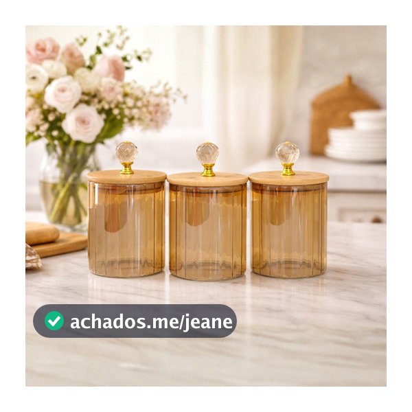 Kit 3 Potes Vidro Canelado Âmbar Transparente Tampa Bambu Hermético 550ml Ambar