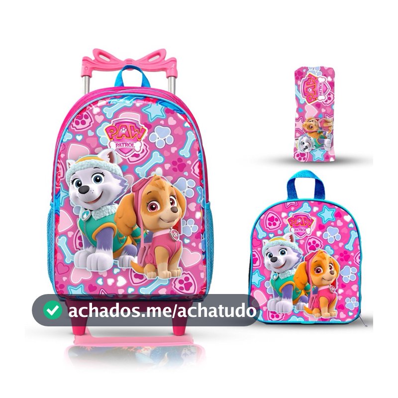 mochila escolar infantil lancheira e estojo skaie patrulha canina menina com rodinhas