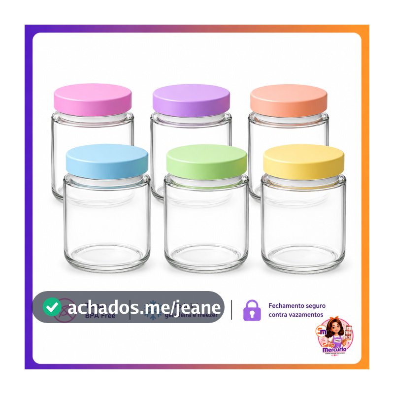 Kit 6/12 Potes Vidro 200ml para Leite Materno Papinha Tampa BPA Free Colorida Nadir Figueiredo Belem