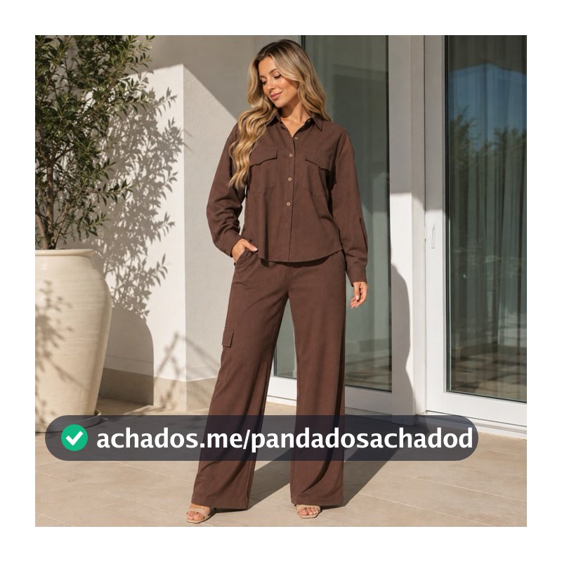 Conjunto Feminino Calça larga cintura alta Blusa manga longa botões tamanho único