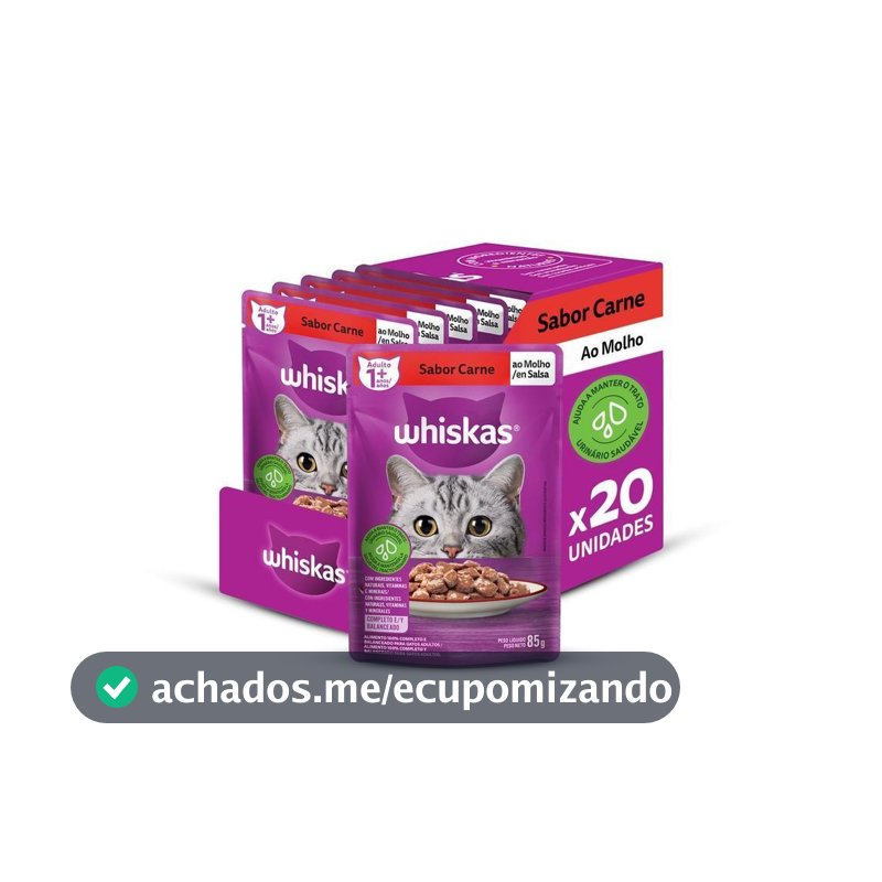 Kit Ração Úmida Carne ao Molho para Gatos Adultos 20 Unidades Whiskas Sachê