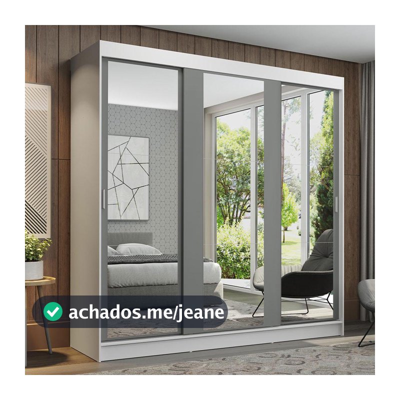 Guarda-Roupa Casal Madesa Reno 3 Portas de Correr de Espelho - Branco/Cinza