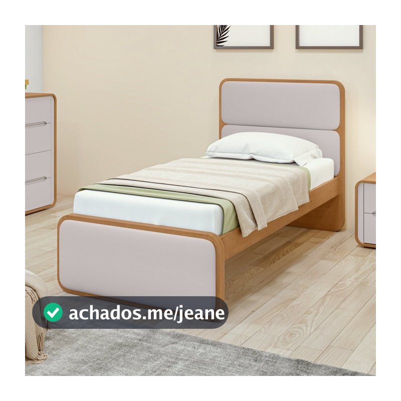 Cama de Solteiro Corino Cabeceira Estampada Madeira Loop Amêndoa Clean/Off White Amêndoa Clean/Off White