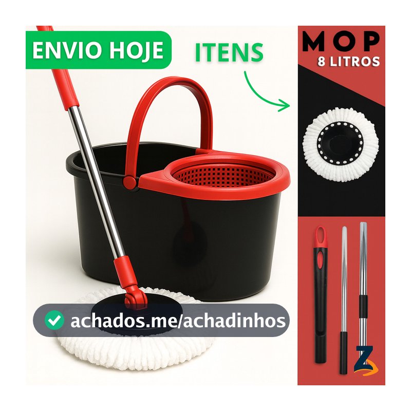 Mop Giratório Cabo Grande de 120 cm 8 Litros Cesto Em Plástico e Inox - Balde Centrífuga Preto