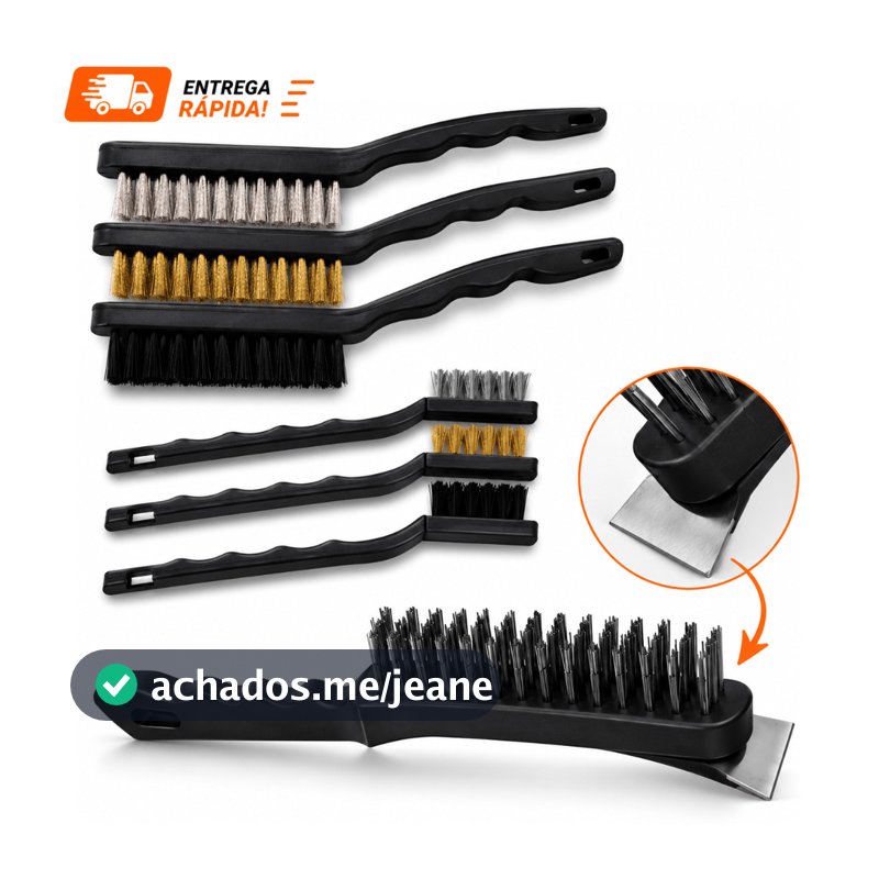 Kit Escovas de Limpeza Multiuso 7 Peças Aço Inox Latão Nylon com Raspador para Grelha Churrasqueira Cozinha Pos Obra