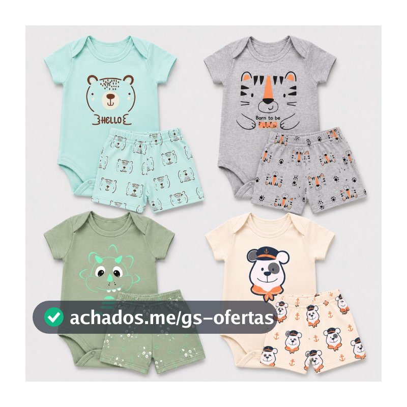 Kit 2 Conjuntos Body Bebê Menino Fofo + Short Tapa Fralda Estampas Sortidas RN ao GG Enxoval, maternidade