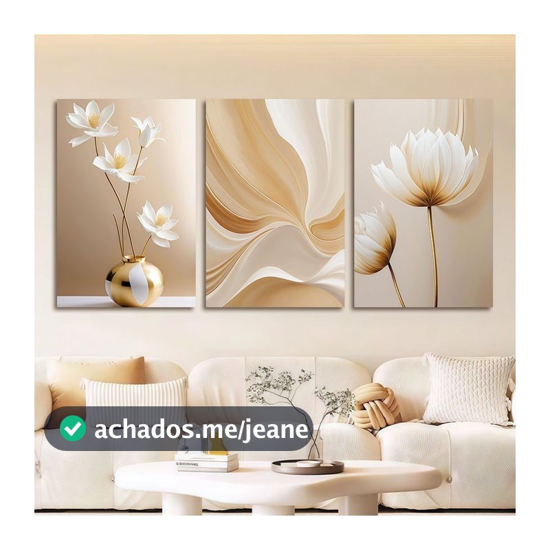 Kit 3 Peças Quadros Decorativos Flor Branca Branco Creme Quadros Decorativos Sala Decoração Luxo Parede Quarto Moderno