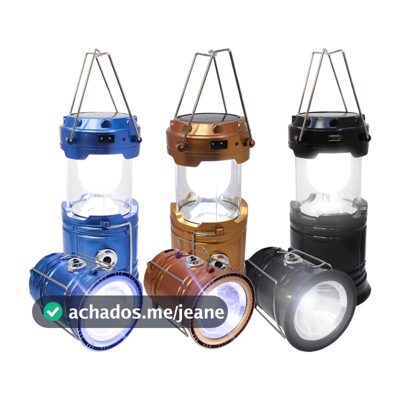 Lanterna Camping Solar Lampião 3 em 1 USB Bateria Recarregável