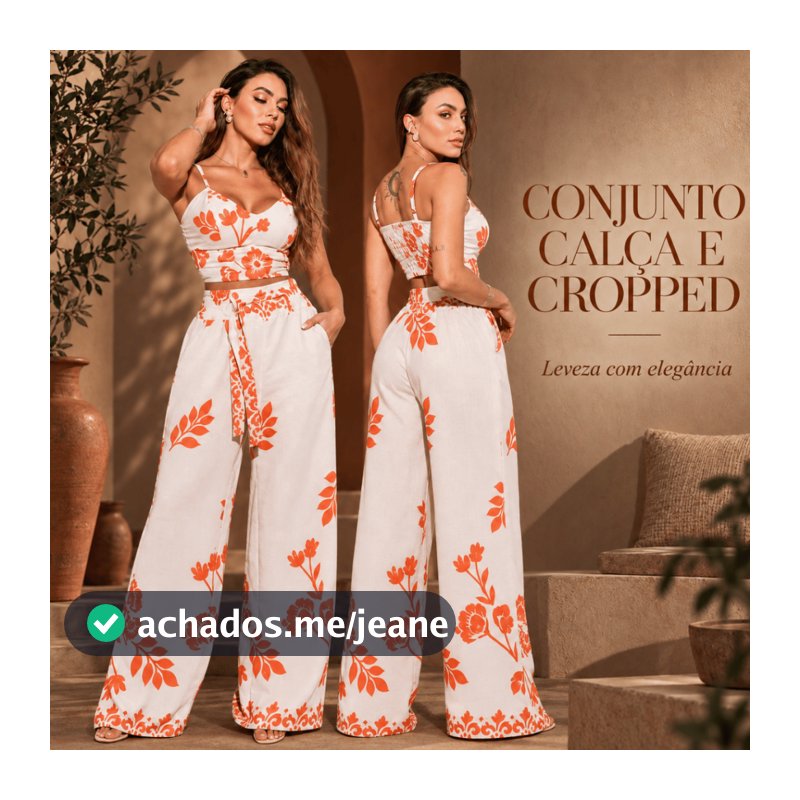 Conjunto Feminino Calça Pantalona e Cropped Duna Estampado Cintura Alta Elegante Moda Verão