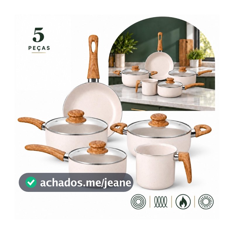 Kit Jogo 5 Peças Panelas Fogão Indução Elétrico Gás Conjunto Revestimento Cerâmico Alumínio Tippi