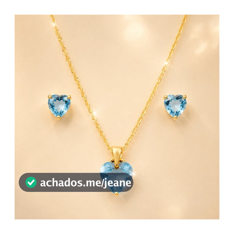 Conjunto Colar e Brincos Pingente Coração Pedra Cristal Ponto de Luz Feminino Folheado de Ouro 18K