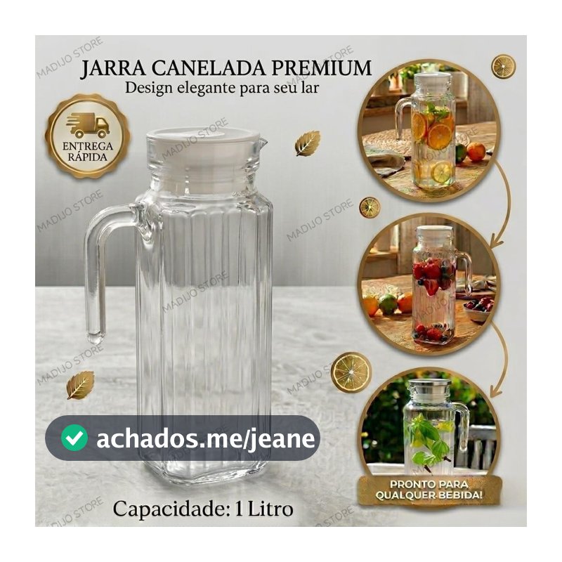 Jarra de Vidro 1 Litro com Tampa, Jarra de Suco, Jarra de Agua, Design Canelado - Envio Rápido
