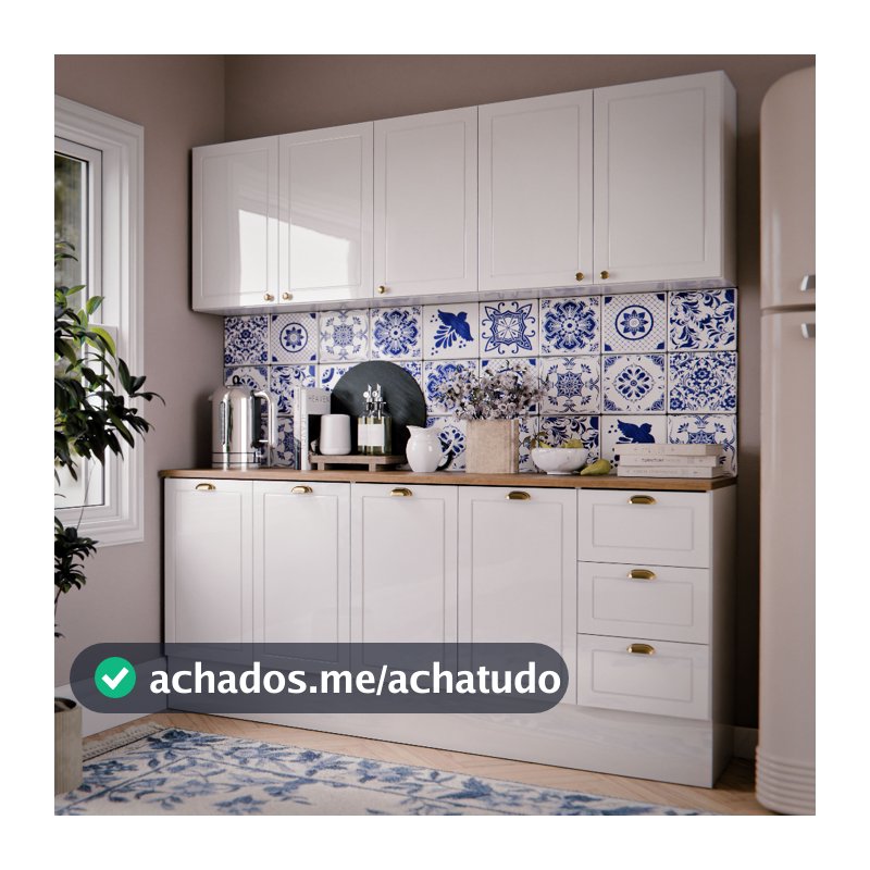 Cozinha Americana Completa Luiza 160cm Armário Aéreo e Balcão Suspenso 9 Portas e 3 Gaveta Compacto Branco