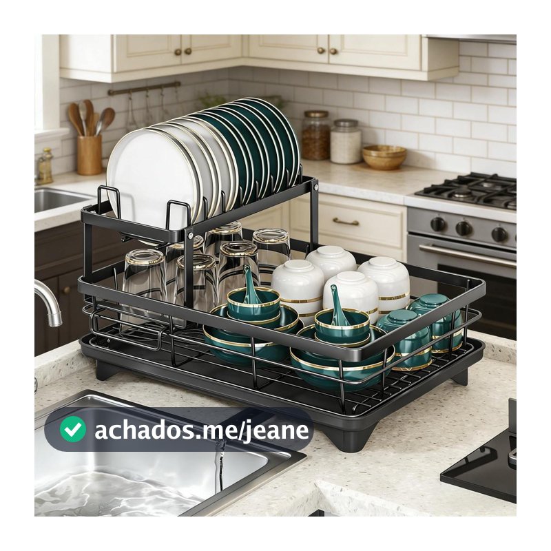 Escorredor de Louça Rack 2 Andares Pratos Copos Talheres Preto para Pia Cozinha com Bandeja